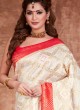 Off-White And Red Color Banarasi Silk Saree
